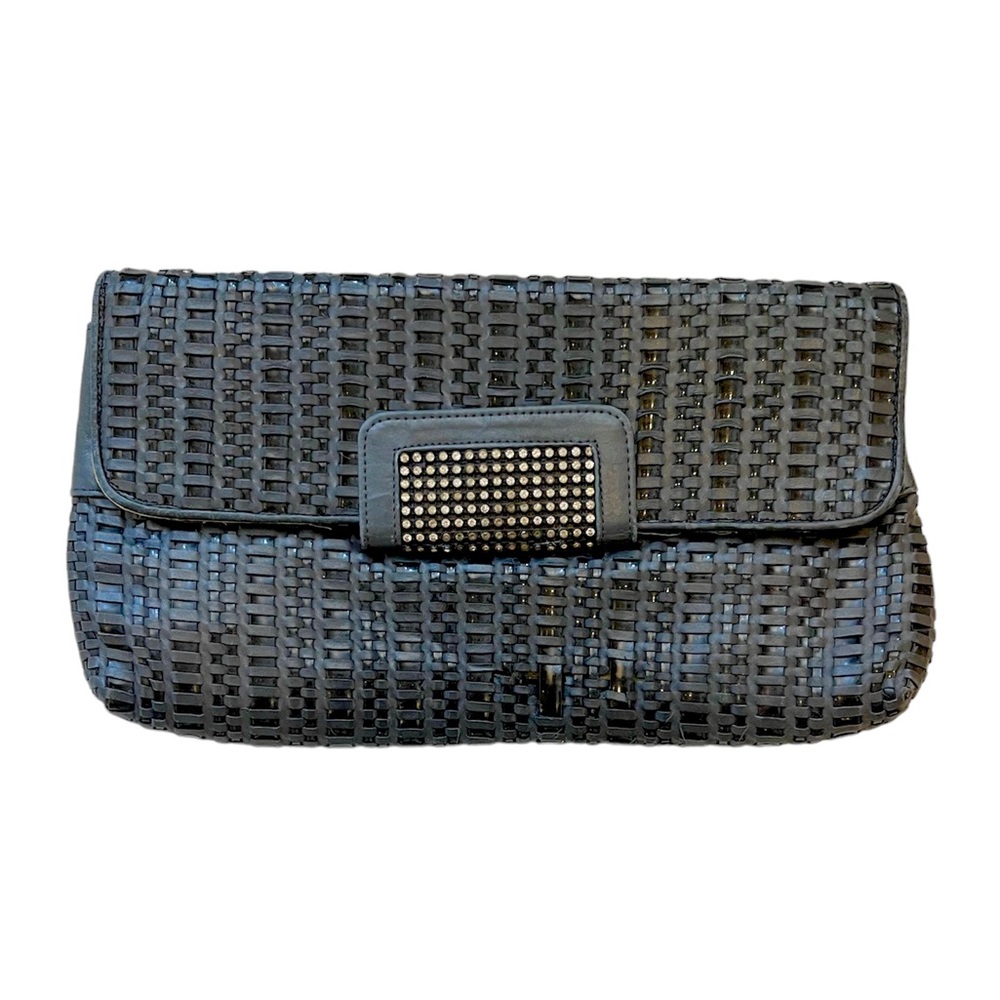 Rare Vintage Woven Leather Clutch with Rhinestone Closure